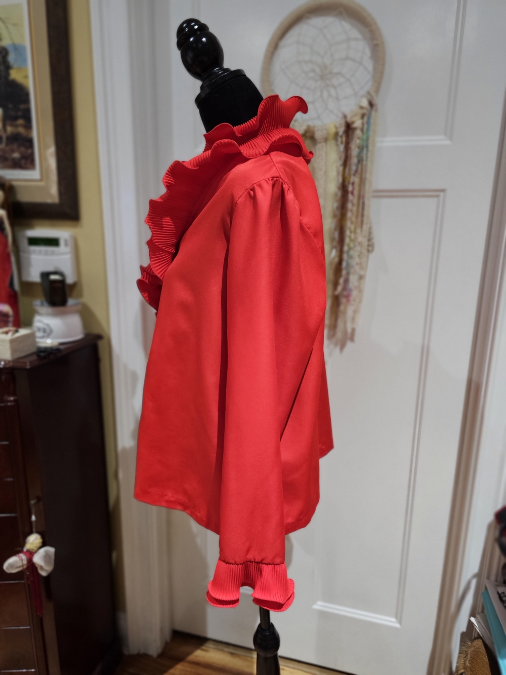 Women's Red Ruffle V-Neck Button Front Blouse - Picture 3 of 10